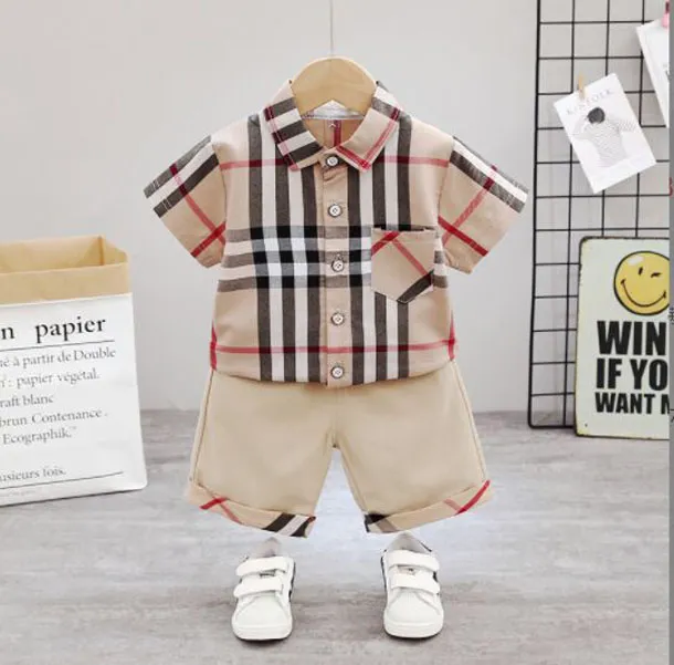 Summer sets Baby Boy Girl Plaid Pocket Short Sleeved Shirt + Plaid Shorts 1-7 Years Old Suit Kids Children's 2pcs Clothing Set