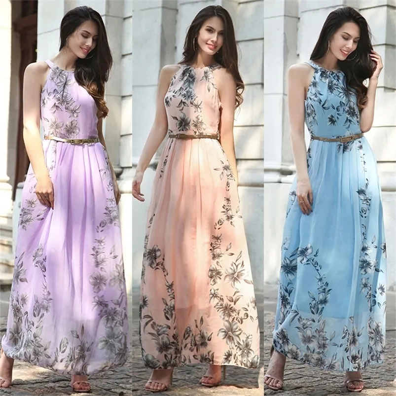 Mulheres verão longo praia vestidos senhoras boho floral impressão chiffon vestido cinta solta roupas femininas para o verão 220516