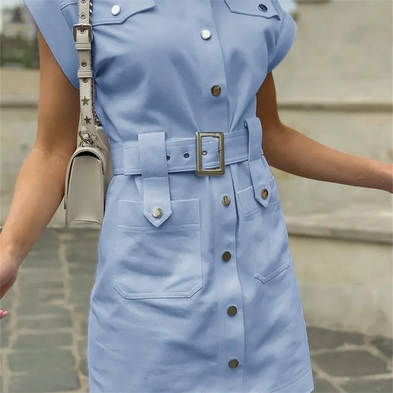 BerryGo Elegant summer shirt dress short sleeve office women Single breasted belt mini Blue pocket work vestido 220613