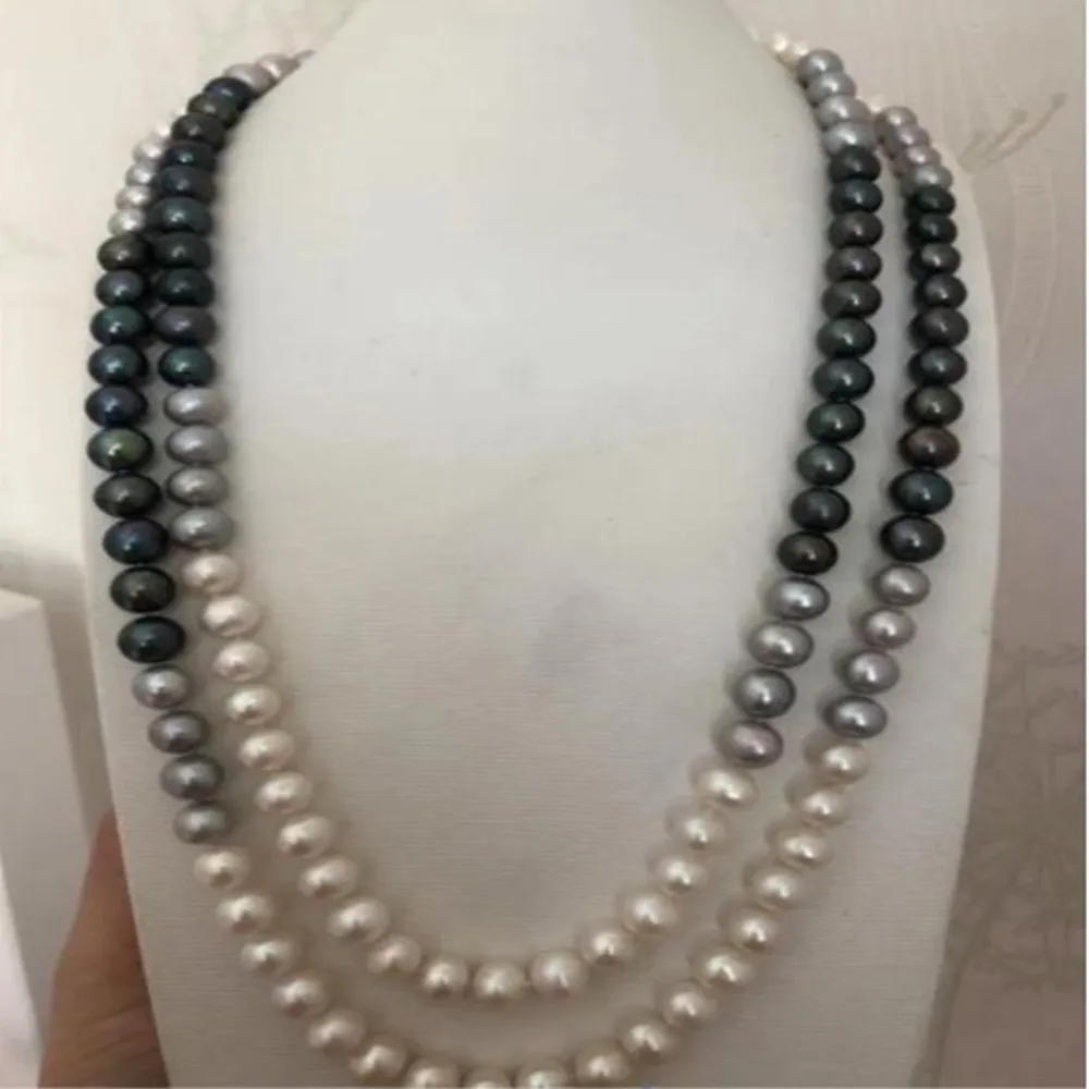 Collier noué à la main naturel 8-9mm blanc noir gris chaîne de chandail de perles d'eau douce presque ronde perle 48 pouces