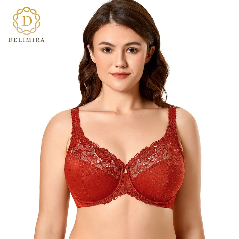 DELIMIRA Women's Full Figure Beauty Lace Non Padded Underwire Minimizer Bra Plus Size C D DD E F G H 220511
