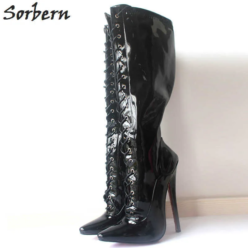 Sorbern Knee High Women Boots 플러스 사이즈 레이스 높은 18cm 발 뒤꿈치가 뾰족한 발가락 진짜 이미지 특허 가죽 신발 여성 부츠 36-46