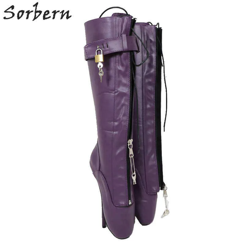 Sorbern violet genou haute femmes bottes serrures femmes chaussures bottes à lacets taille 12 chaussures Ballet talons aiguilles personnalisé large ajustement