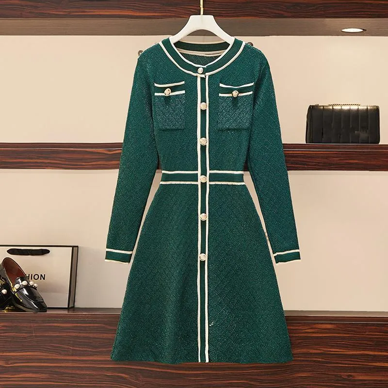 Casual Dresses Runway Designer Women Single Breasted Sweater Dress Spring Autumn Green Plaid Knitting Bright Silk Vestido S-4XLCasual