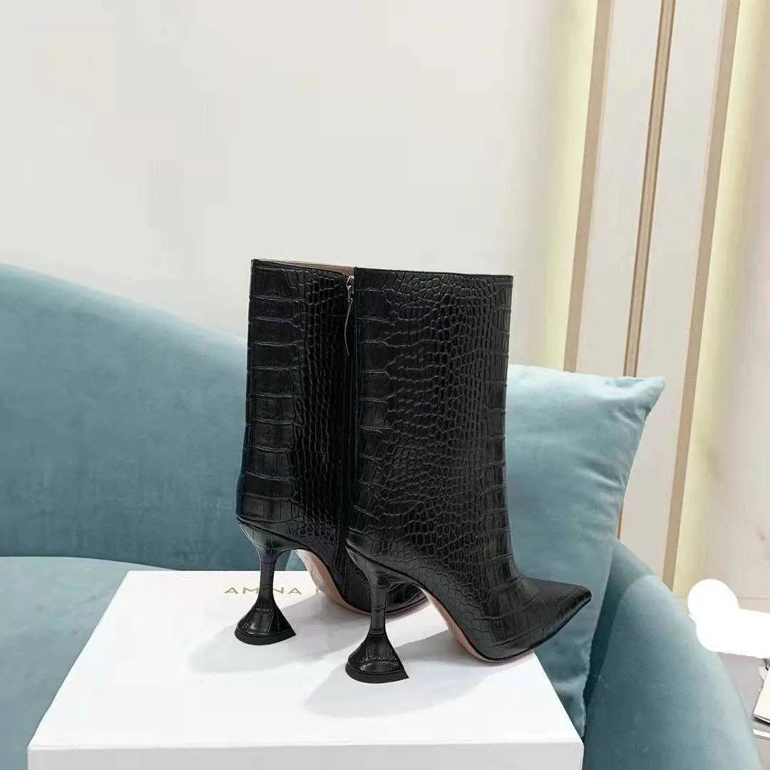 Fashion Season Shoes Amina Italy Muaddi Ankle Boots Giorgia Croc-embossed Zip Pedestal Booties Black