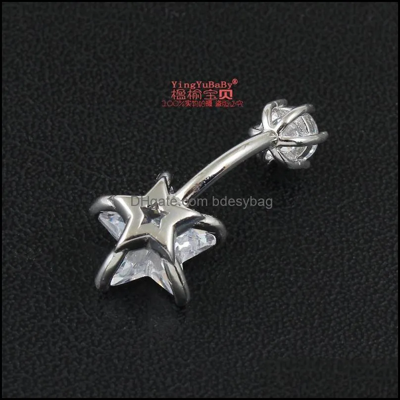 s925 real genuine belly button ring pure silver star zircon stone not allergic pin length 6 8 10 mm body piercing jewelry