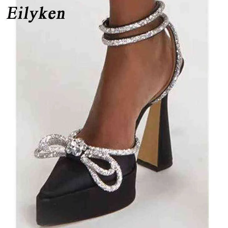 Nxy sandaler nyaste design kvinnor pumpar glitter kristall bowknot satin sommar konstig stil hög klackar spänne remskor