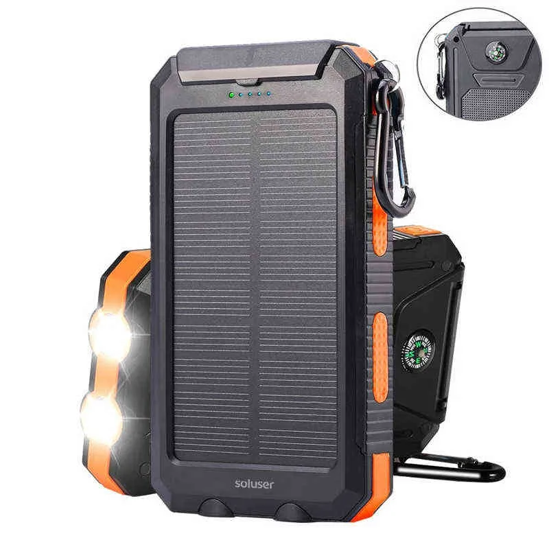 Solar Power Bank Mah Wodoodporna przenośna ładowarka słoneczna Power Bank Zewnętrzna bateria Power Bank z Led Camping Light J220531