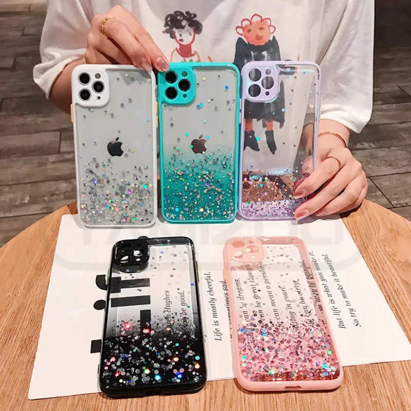 Ny Epoxy Gradient Glitter Phone Case Drop Lim Transparent Clear Camera Portector för iPhone 13 12 Mini Pro Max 11 Pro X Xs XR XS Max 7 7p 8 8Plus