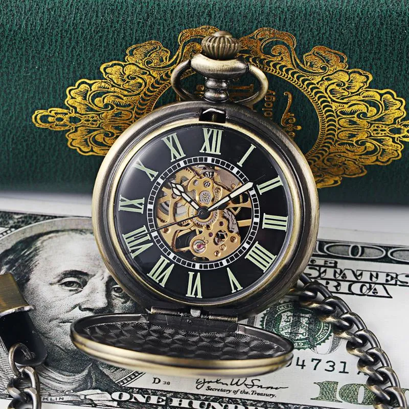 Black Pocket Watch Chain Luxury Retro Hollow Skeleton Mechanical Watch Male Fob Chain Steel Exquisite Luminous Women Men GifsPocket From Monishe 22.55 DHgate.Com