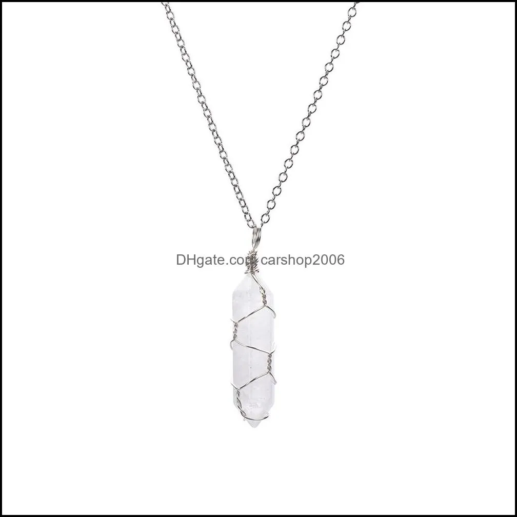 Hexagonal Cylindrical Crystal Necklace Natural Stone Pendant Wire Wrap Stone Necklace for Women Men Jewelry