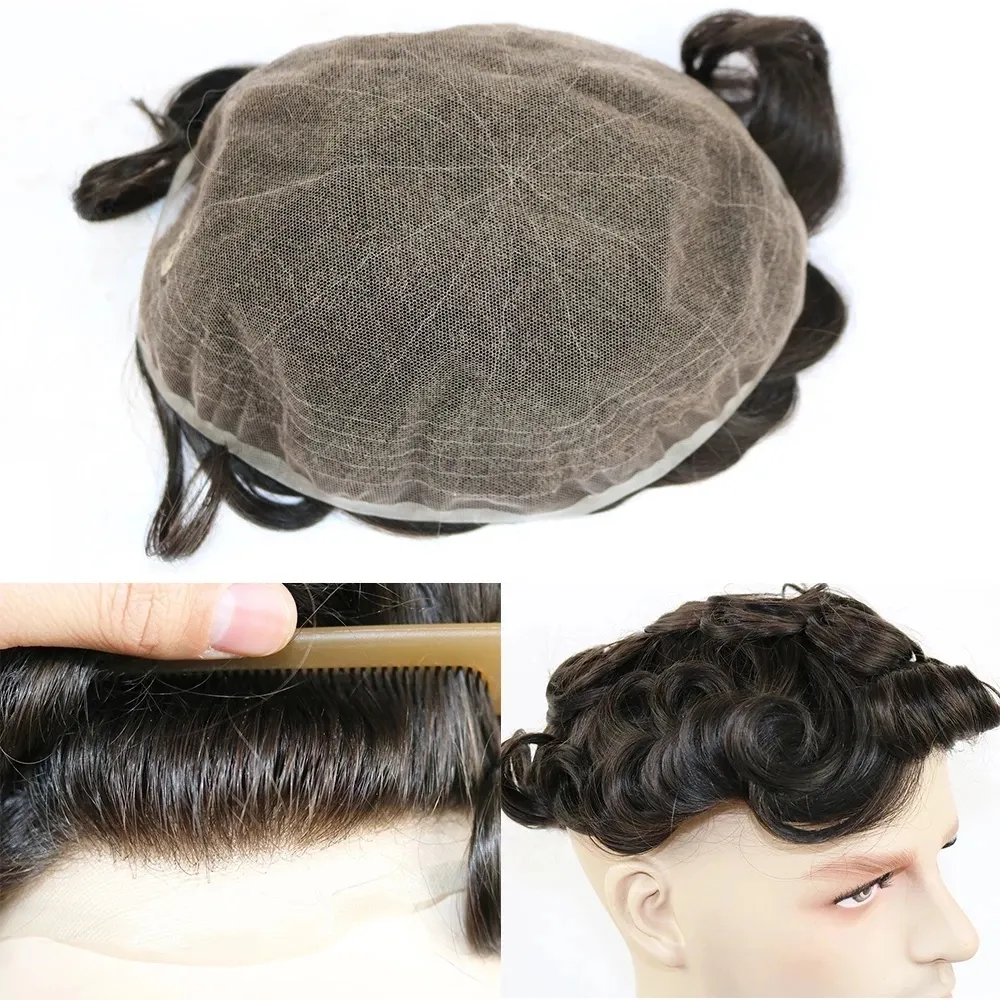 30MM Wave Human Hair Men's Toupee Hair Piece 1B and 1 Jet Black Color Full Swiss Lace Breath Indian Vrigin Raw Man Afro Wig
