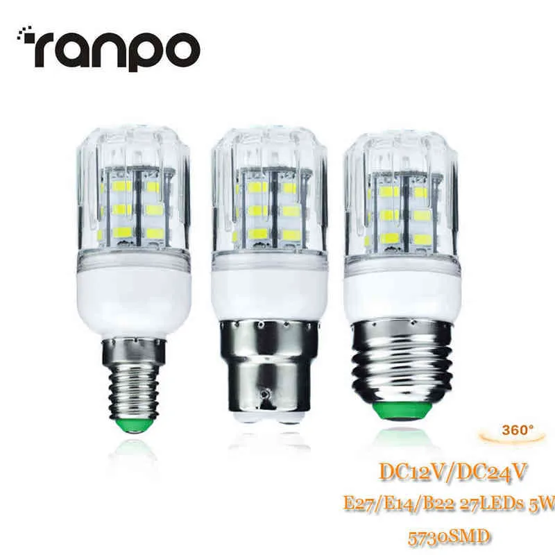 1 E27 B22 E14 27LEDS 옥수수 조명 전구 5730 SMD 에너지 절약 스포트라이트 전구 따뜻한/쿨 백인 조명 DC 12V 24V 램프 하우스 H220428