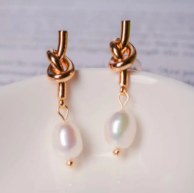 14K Gold Plating Tie Ear Studs Dangle Chandelier Natural Freshwater Pearl Earrings White Lady/Girl Fashion Jewelry