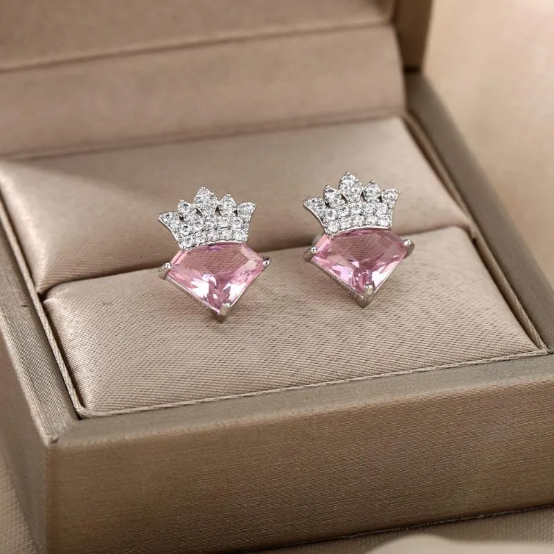Stud Stainless Steel Crown Diamond Earrings For Women Gold Girl Birthday Wedding Anniversary Fashion Jewelry GiftStud