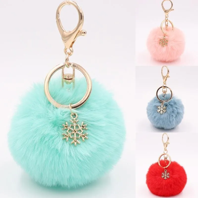 Pom Keychain With Snowflake Pendant Charms Furry Fluffy Plush Ball Keyring For Women Girls Bag Accesso Ornament Holiday Gift1