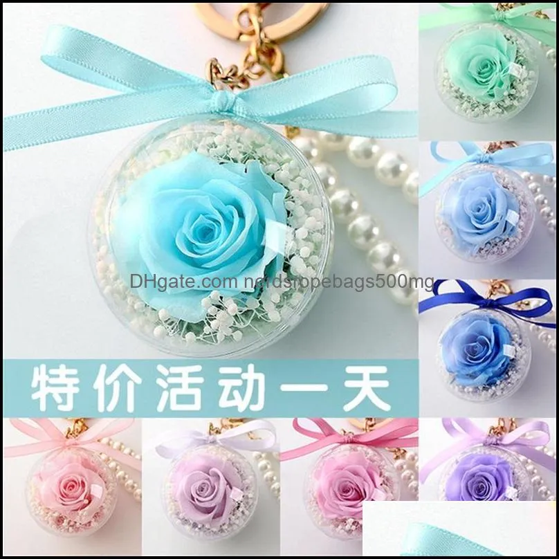 Preserved Rose Flower In Acrylic Ball Key Chain Immortal Flower Tassel Romantic Gift Valentine`s Day Birthday1 1386 T2