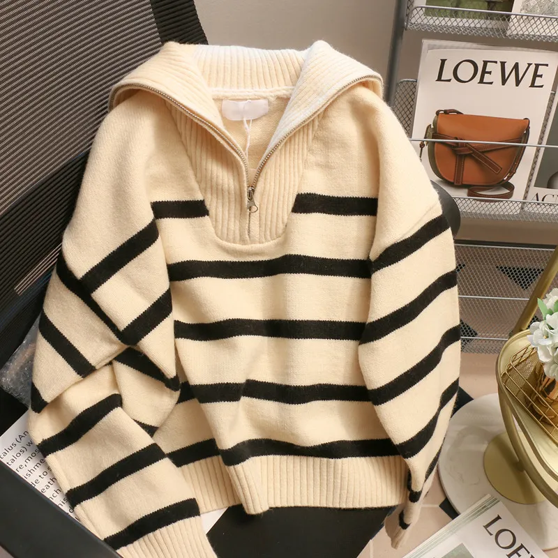 Women's Korean Style Retro Sweater Autumn And Winter College Style Polo High Collar Chic Pullover Thick Striped Coat Knitted Top 220816