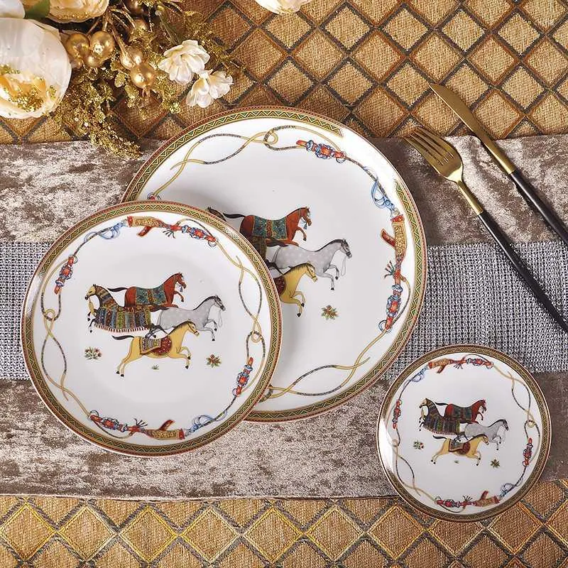 Dishes & Plates Dinner Luxury War Horse Bone China Dinnerware Set Royal