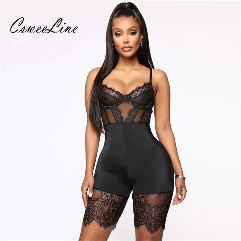 Nuovi pagliaccetti sexy del merletto della rappezzatura delle donne scavano fuori il corpo del night club mujer lingrie tute corte chic tute nere dropshipping T200704