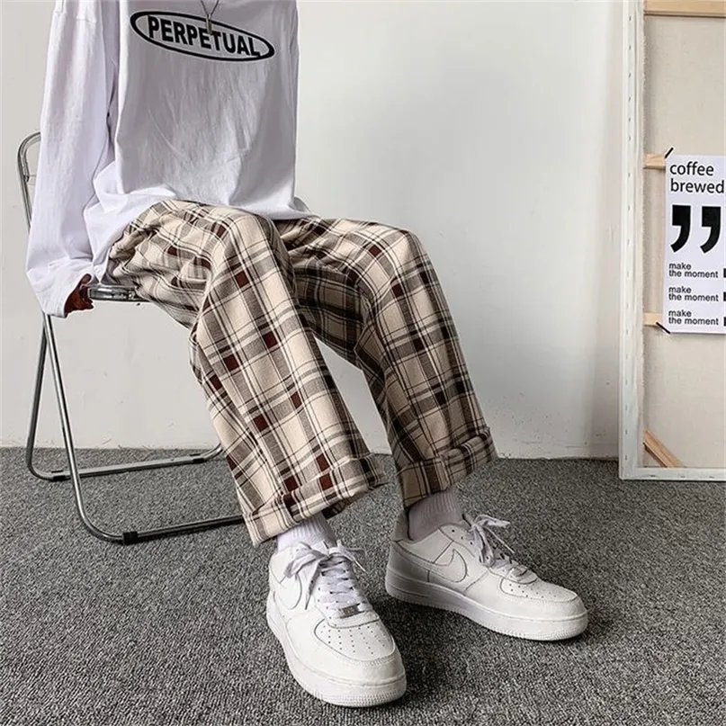 Men Pants Plaid Loose Comfortable Retro Casual Allmatch Elastic Waist Chic Wide Leg Trousers Fashion Streetwear Korean Style 220706