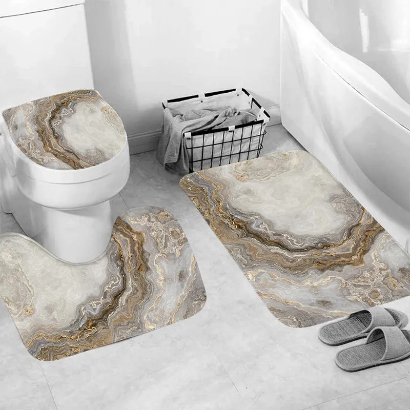 Set di tappeti da bagno moderni in marmo a 3 pezzi con coperchio