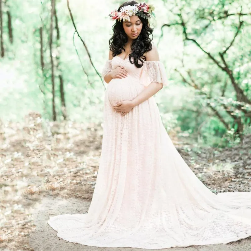 Maternity Pography Props Long Wedding Dress Gown Lace Pregnancy Fancy Shooting Po Summer Shoulderless Pregnant Clothes 220419
