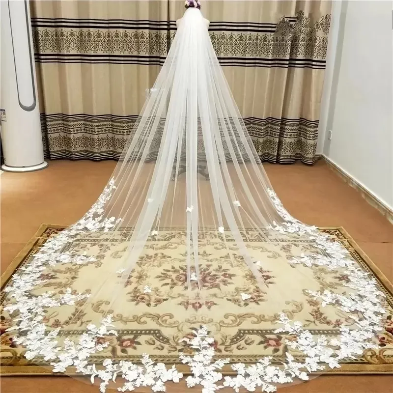 Wedding Veil Lace Edge Long Luxurious Bridal Veil Applique Sequins White/Ivory Veil With Comb Cathedral One-Layer 3Meters CPA3217