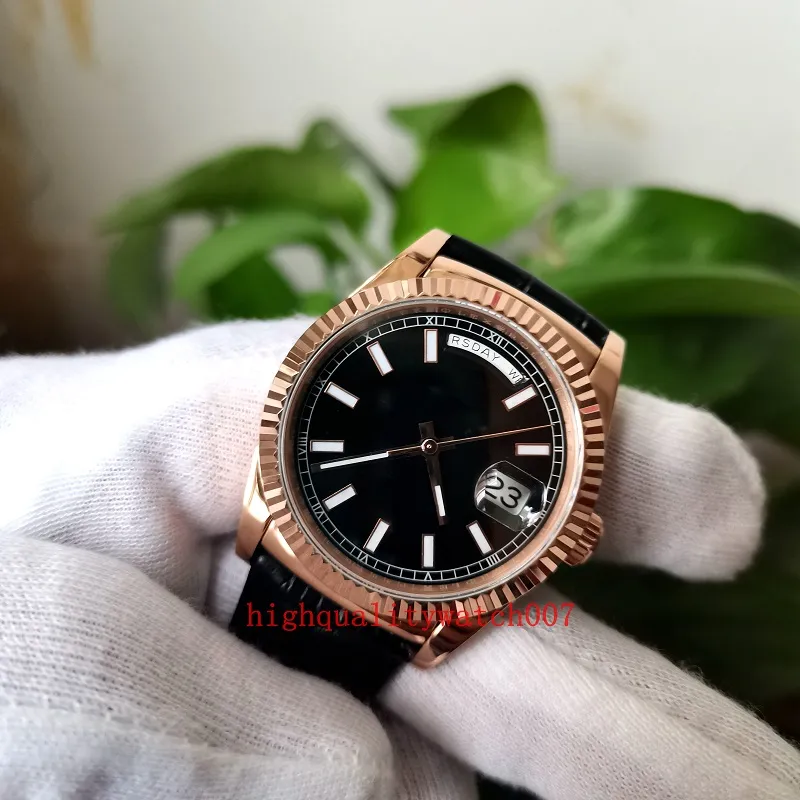 Dial preto da fábrica BP 118238 Relógios Sapphire 36mm UNISSISEX Wristwatches 18K Rose Gold Calfskin Leather Strap Bands ETA 2813 MOVIMENTO AGOMÁTICO