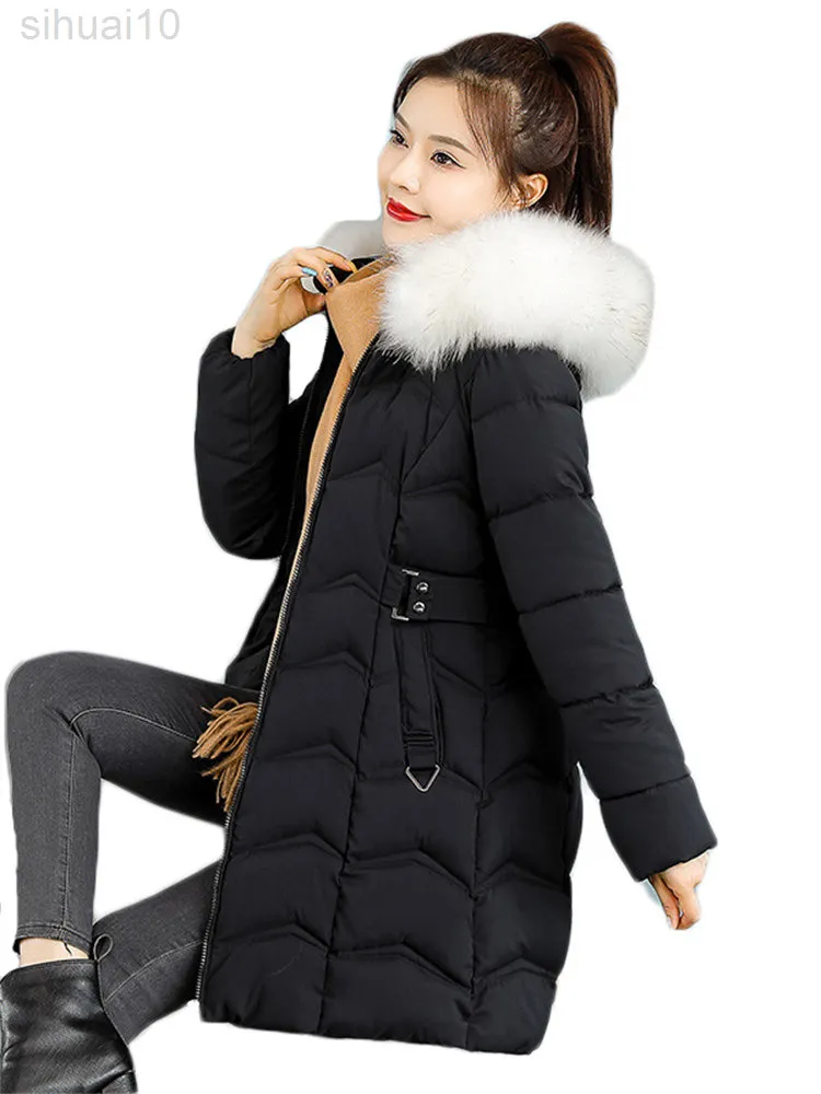 Winter Down Cotton Coat Women 2022 New Korean 버전 기질 슬림 미드 길이 재킷 후드 두꺼운 따뜻한 재킷 L220730