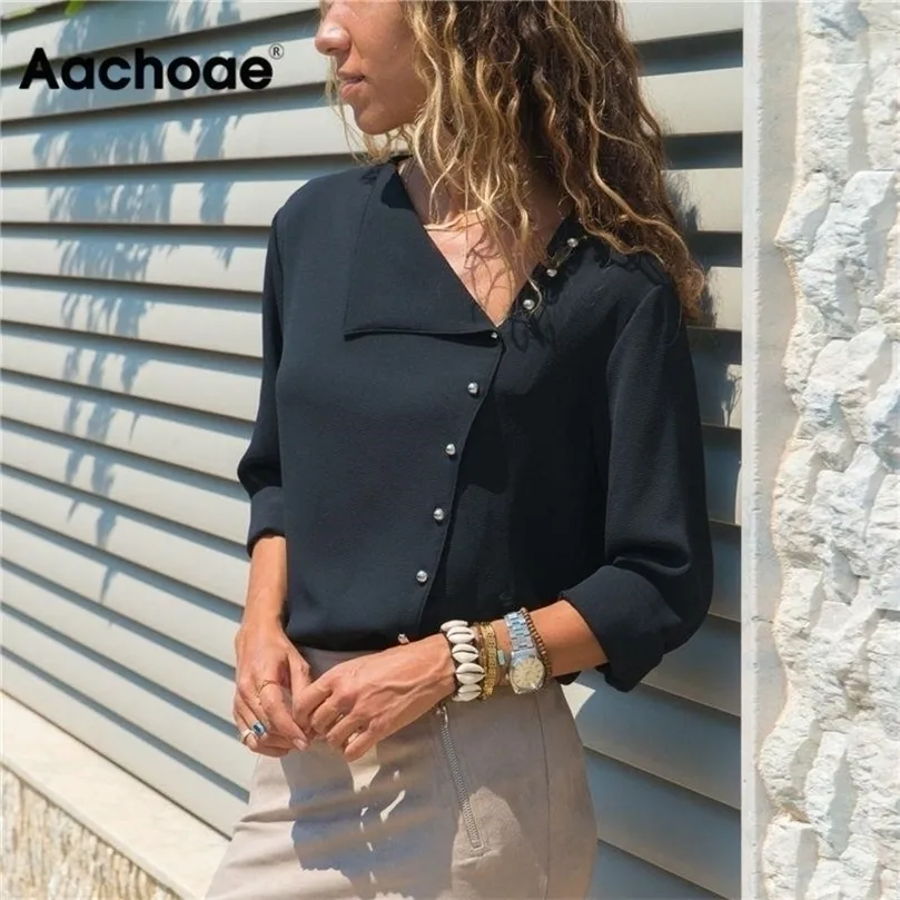 Aachoae Blouse Fashion Long Sleeve Women Blouses and Tops Skew Collar Solid Office Shird Casuare Tops Blusas Chemise Femme 210326