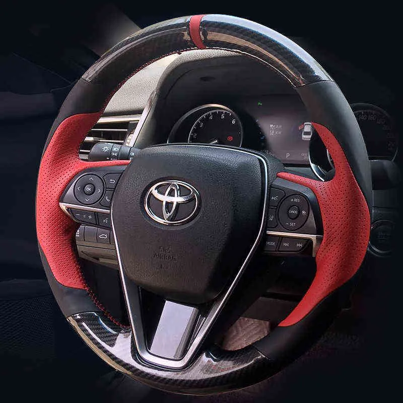 For Toyota Highlander Corolla Camry RAV4 Levin Markx Avalon Diy Carbon Fiber Leather Suede Steering Wheel Cover J220808