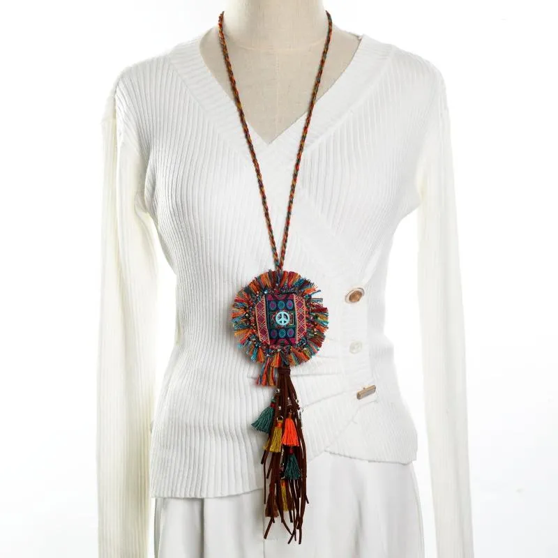 Naszyjniki wiszące ręcznie robione kobiety szyi w stylu etnicznym łańcuchy swetra luksusowy czarny skórzany łańcuch linowy biżuteria na imprezę akcesoria