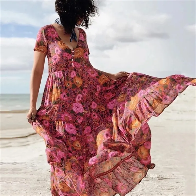 Happie queens vrouwen diepe v-hals knop rood bloemen print strand bohemian maxi jurk dames rayon zomer boho sundress vestidos 220406