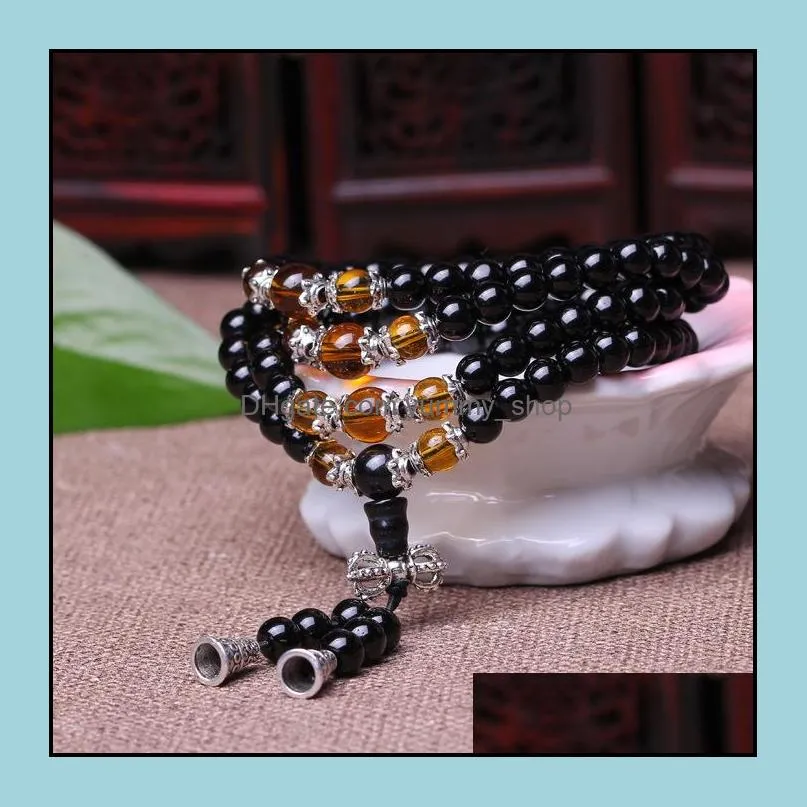 Tennis Favourite 6mm Obsidian Beaded Bracelet Buddhist Buddha Meditation 108 Prayer Beads Mala Necklace1