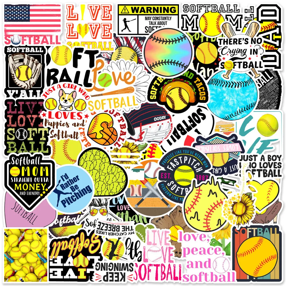 Nouveau Sexy 50pcs Softball Sport Graffiti Autocollants Dessin Animé Stickers Classique Enfants Jouets DIY Journal Valise Scrapbook Téléphone Ordinateur Portable Vélo Autocollant