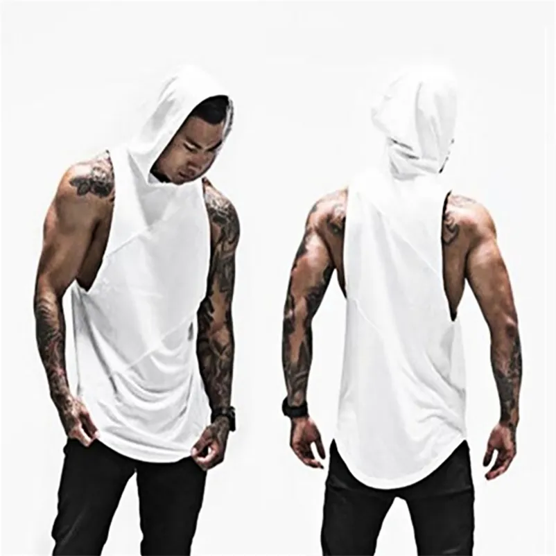 Muscleguys solid ärmlös skjorta med hoody lapptäcke Gymkläder Fitness Men Bodybuilding Stringer Tank Tops Hoodies Singlets 220518