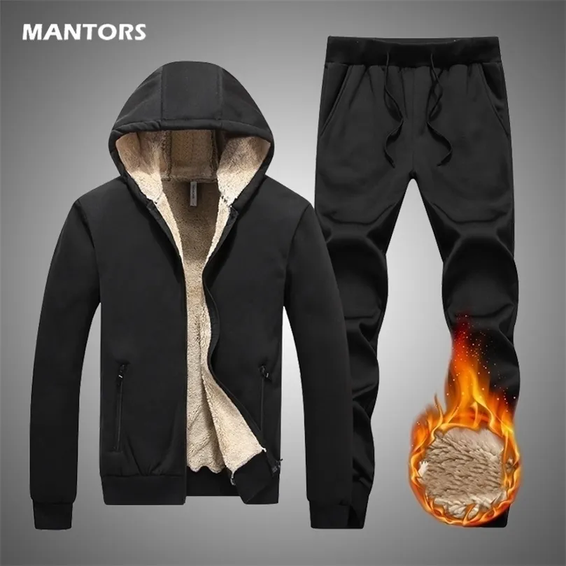 Casual Cashmere Track Suit Men Winter Men Tracksuit Fosco de lã de duas peças Conjunto puro de cor masculino moleto de veludo quente Terno de calças 201128