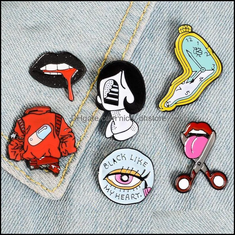 vintage punk style lips clock metal kawaii enamel pin badge buttons brooch shirt denim jacket bag decorative brooches for women men