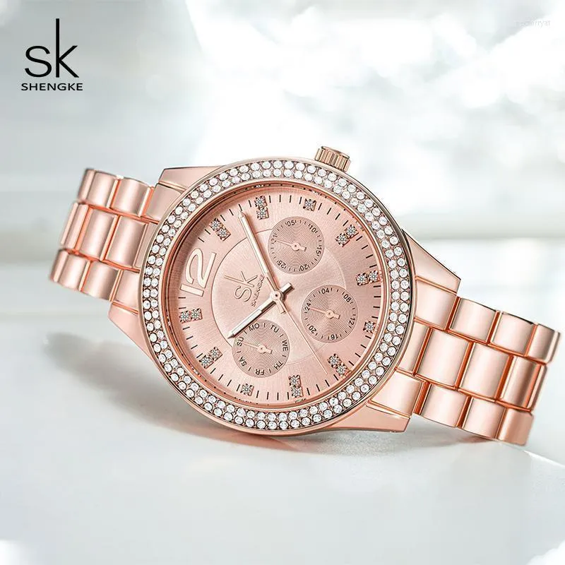 Avanços de pulso Shengke tiras de aço inoxidável de luxo Relógios Mulheres relógios Ladies Rhinestone Bracelet Gold Rose Relogio femininowristwatche