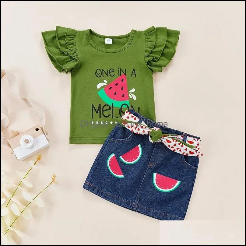 kids clothing sets girls outfits children watermelon print flying sleeve tops denim skirts set summer fashion boutique baby clothes