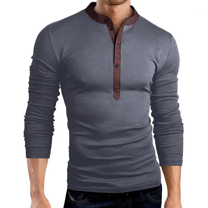 Męskie koszulki jesień wiosna casual bawełniana koszulka lniana mężczyźni moda przyciski patchwork stać kołnierz pulower 2022 z długim rękawem szczupły męskie topy