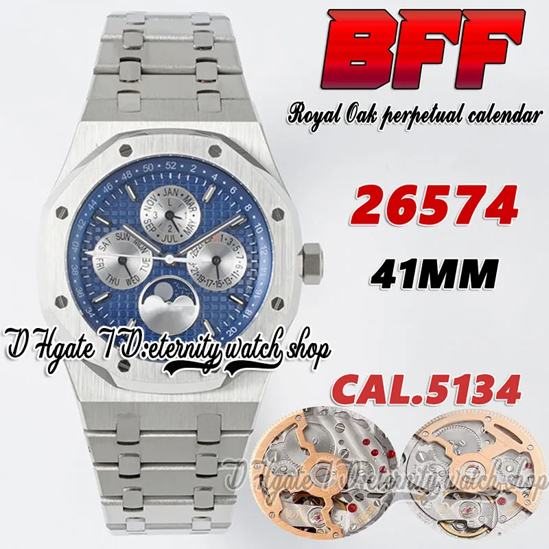 BFF KF26574 Komplicerad funktion Cal.5134 BF5134 Automatisk herrklocka 41mm Moon Fase Blue Textured Dial Stick Markers Rostfritt stål Armband Eternitetsklockor