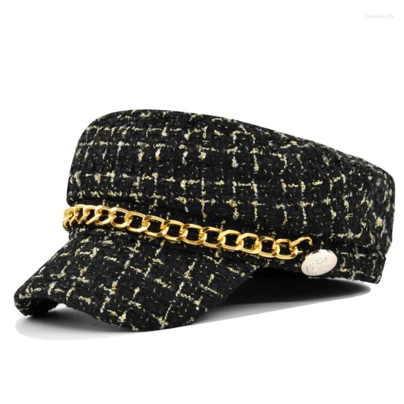 Boinas de otoño cadena de invierno de lana negra militar para mujeres femeninas de ejército plano gorro saliente girl -girl viajes damas pintores capberets davi22