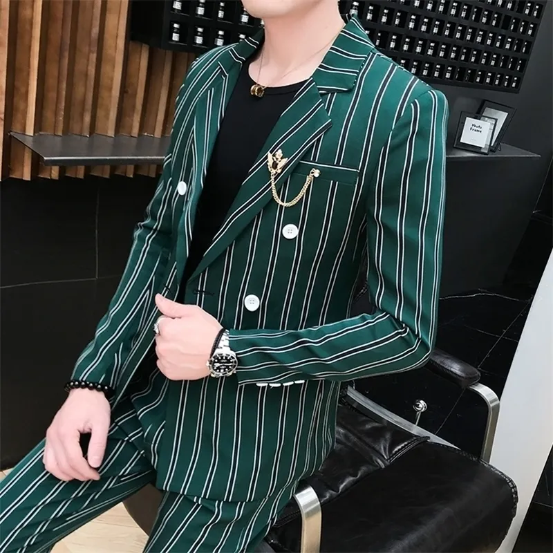 collectie casual pakken Mens FASHION Gestreepte pakken Slim fit Tuxedos Groen pak voor bruiloft Costme Homme Terno Aziatische Maat 201106