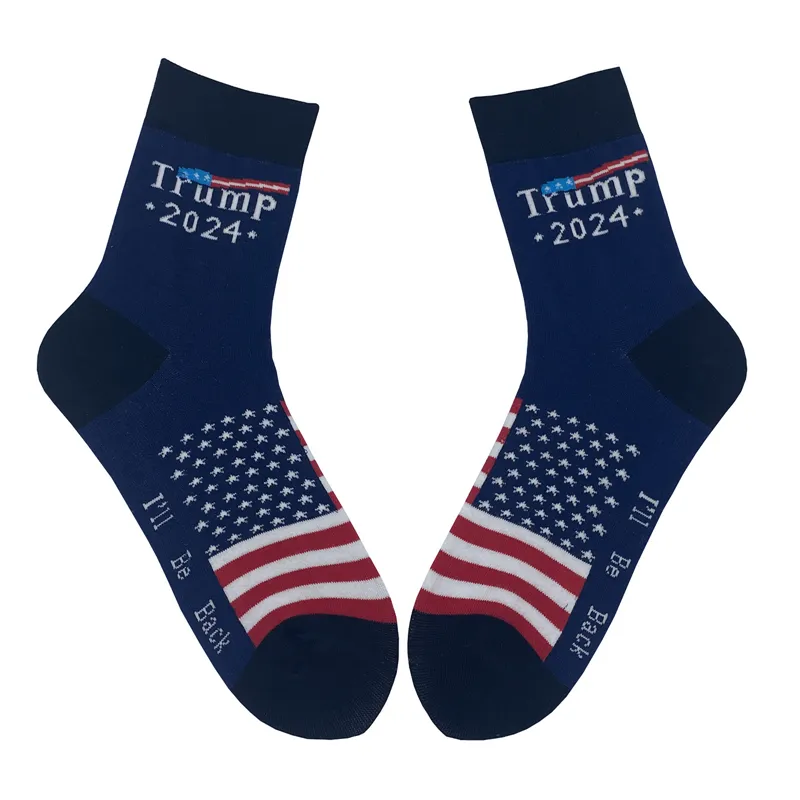 Mens Women Trump Socks Jag kommer att vara tillbaka bomullsfesttillbehör Republikanska gåvor Strumpor 2024 Amerikansk val JY1122