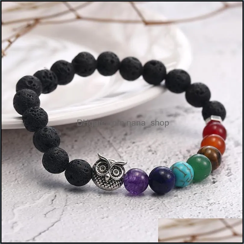 Fashion Natural Black Lava Stone Beads Bracelets For Men Buddha Head Tree of Life Charm 7 Reiki Chakras Beaded Yoga Balance Bracelet