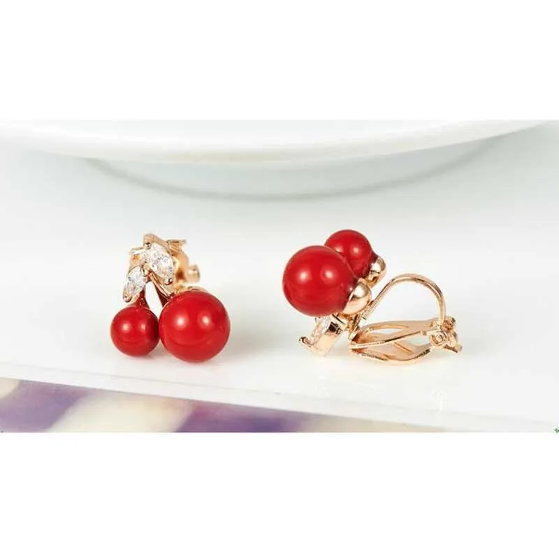 Clip-on Vis Retour Corée Style Fraise Forme Clip Boucles D'oreilles Pour Les Femmes Top Qualité CZ Double Perle Pas Percé Bijoux Pas AllergieClip-on