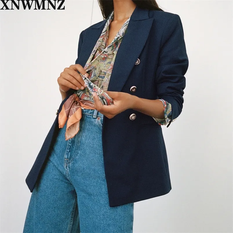 XNWMNZ Women Fashion Office Wear Double Breasted Blazers Coat Vintage Long Sleeve Back Vents Female Outerwear Chic Tops 220402