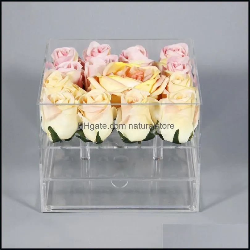 New Clear Acrylic Rose Flower Box With Drawer Makeup Organizer Valentine`s Day Wedding Gift Flower Drawer Box With Cover Wholesale